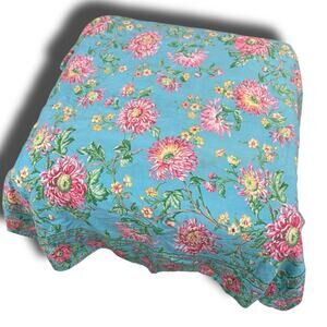April Cornell Tablecloth 54” Square Chrissy Aqua Breakfast Cloth Teal Pink Mums
